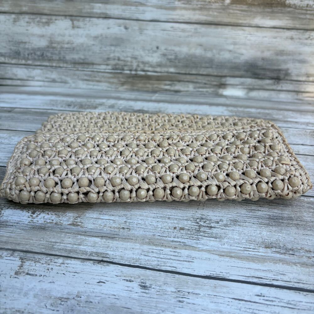 Barbara Lee Vintage Beaded Raffia Clutch Tan Beige Good Woven Made in Italy - Picture 6 of 12